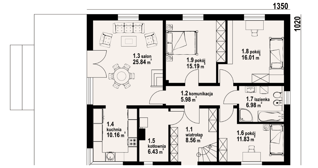 Projekt domu mieszkalnego parterowego, z poddaszem do adaptacji.