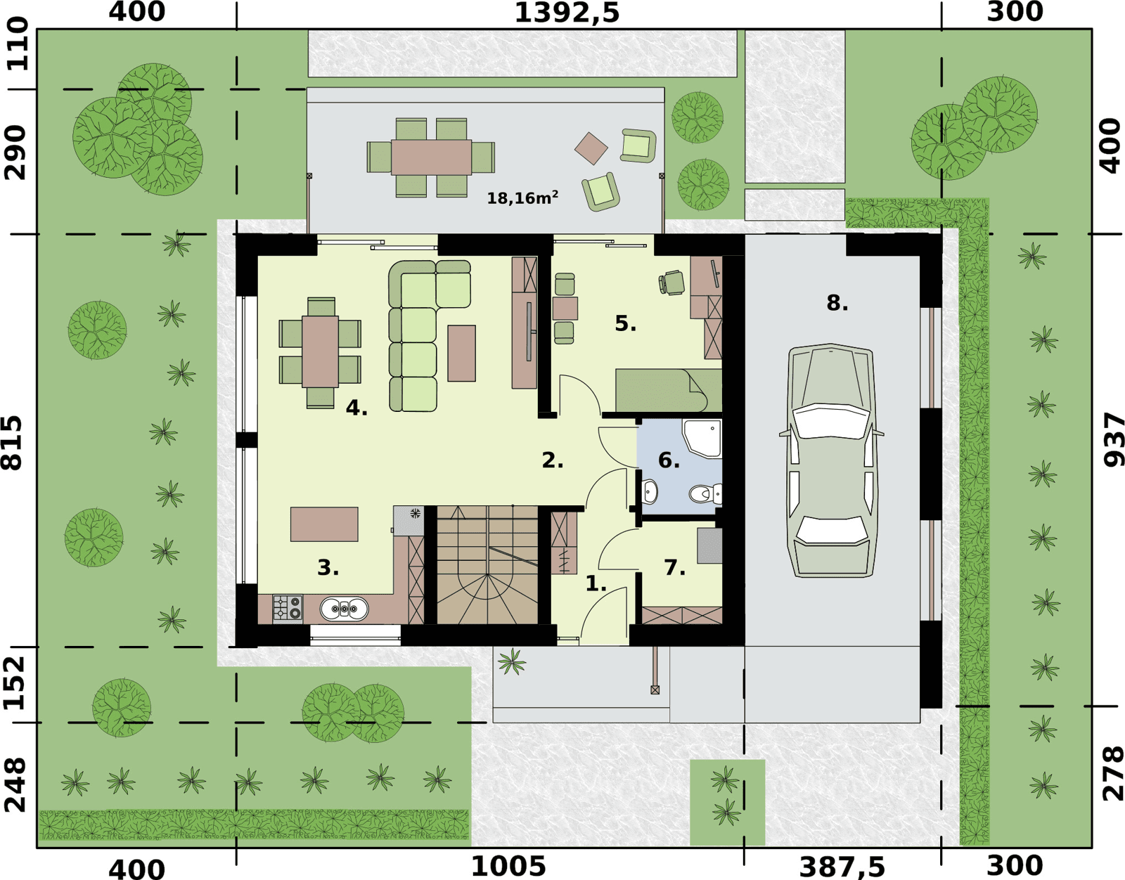 Rzut parteru w projekcie domu jednorodzinnym Wels