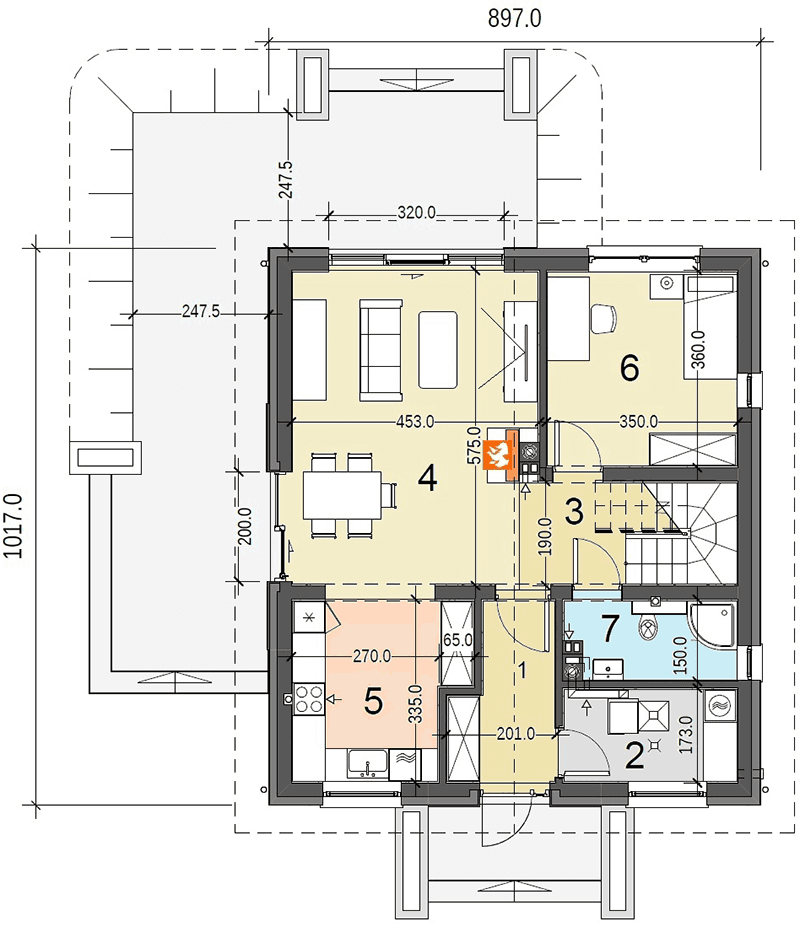 Rzut parteru domu jednorodzinnego Baset 1