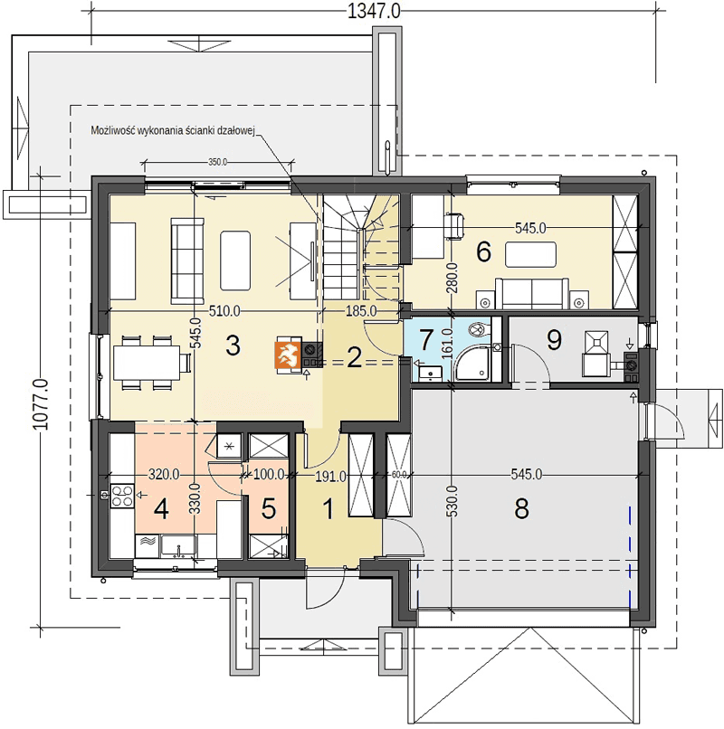 Rzut parteru domu jednorodzinnego Bocian 4