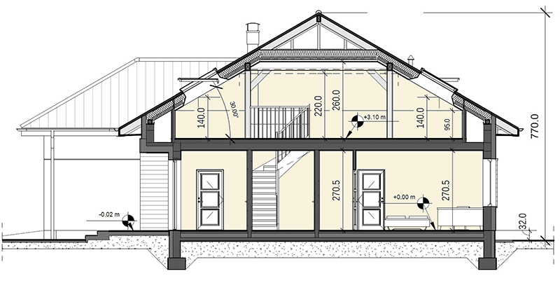 Przekrój domu jednorodzinnego Heros z garażem 2 st.