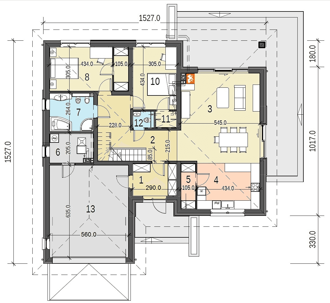 Rzut parteru domu jednorodzinnego Heros z garażem 2 st.