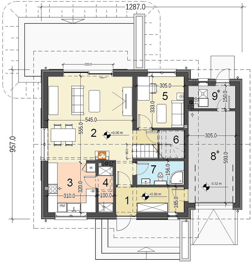 Rzut parteru domu jednorodzinnego Jaskółka 1 z garażem