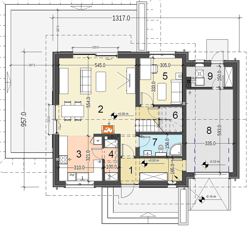 Rzut parteru domu jednorodzinnego Jaskółka 2 z garażem