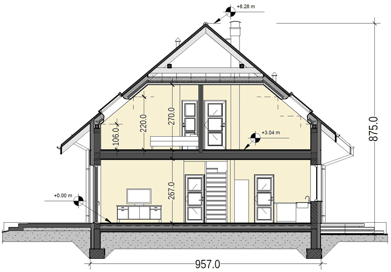 Przekrój domu jednorodzinnego Jaskółka 3 z garażem