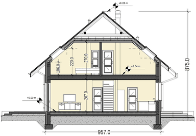 Przekrój domu jednorodzinnego Jaskółka 3 z garażem