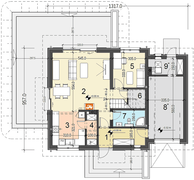 Rzut parteru domu jednorodzinnego Jaskółka 4 z garażem