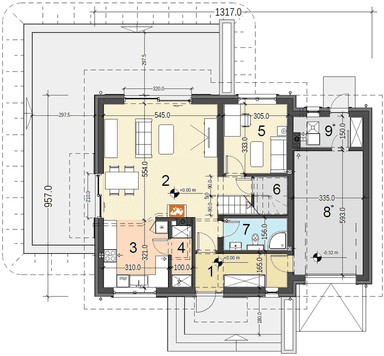 Rzut parteru domu jednorodzinnego Jaskółka 4 z garażem