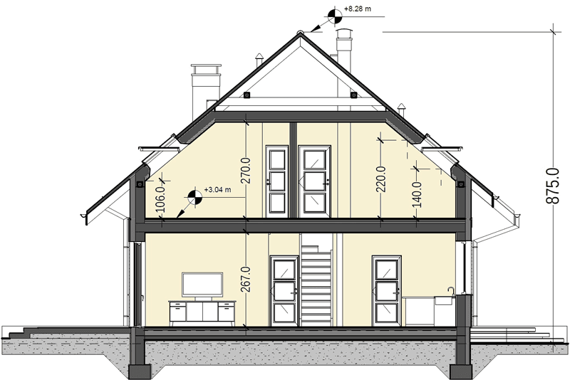 Przekrój domu jednorodzinnego Jaskółka 5 z garażem