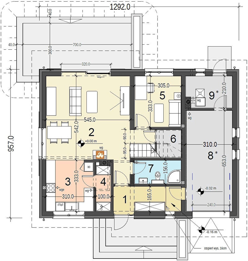 Rzut parteru domu jednorodzinnego Jaskółka 5 z garażem