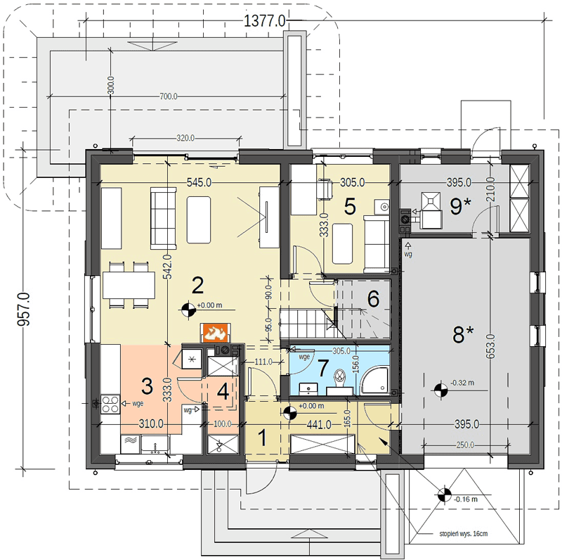 Rzut parteru domu jednorodzinnego Jaskółka 5 z garażem XL