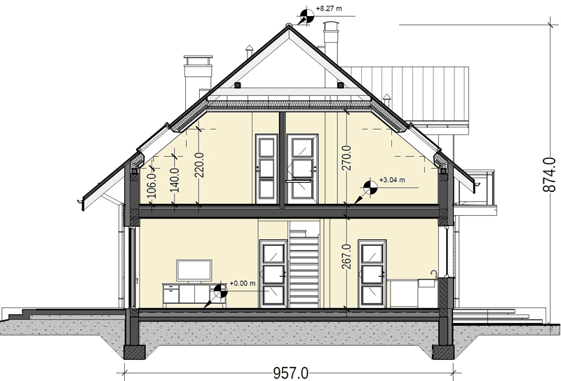 Przekrój domu jednorodzinnego Jaskółka 6 garażem 2 st.