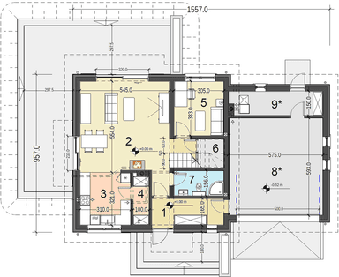 Rzut parteru domu jednorodzinnego Jaskółka 6 z garażem 2 st.
