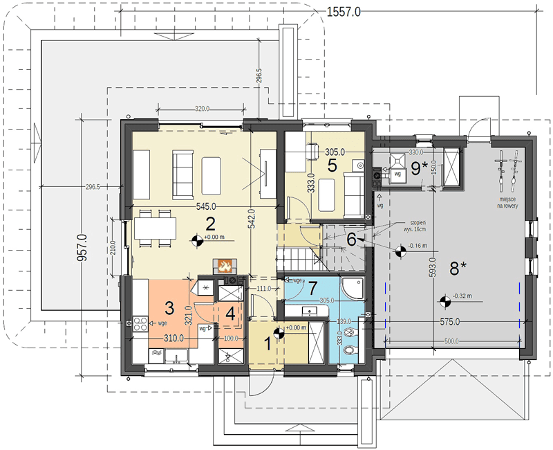 Rzut parteru domu jednorodzinnego Jaskółka 7 z garażem 2 st.