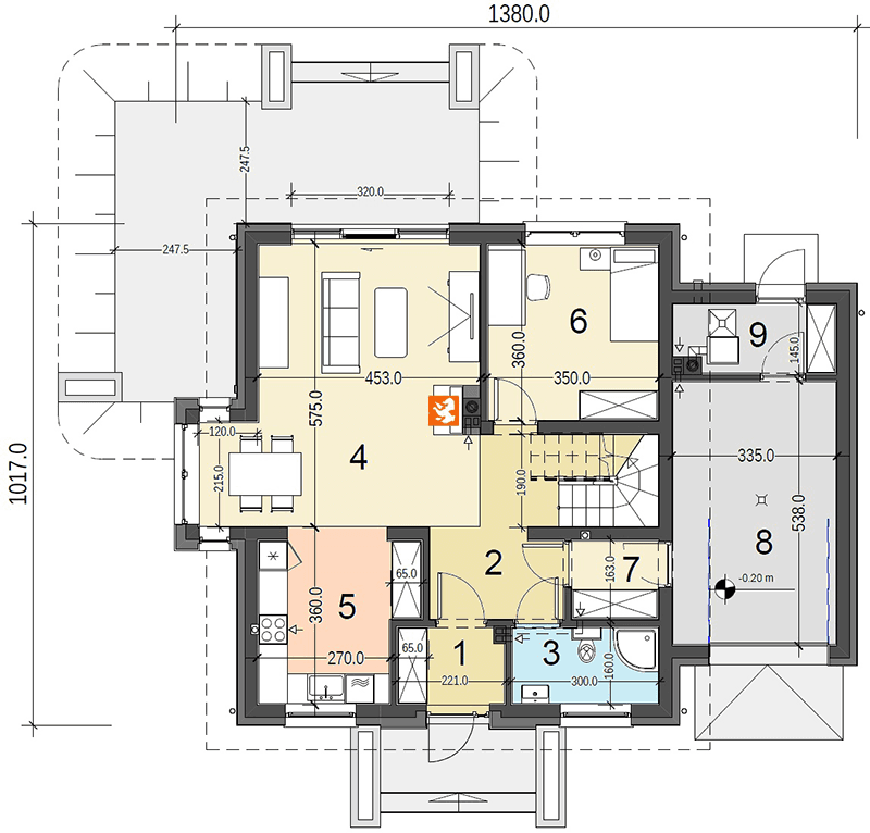 Rzut parteru projektu domu jednorodzinnego Baset 3 z garażem