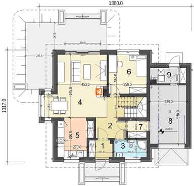 Rzut parteru projektu domu jednorodzinnego Baset 3 z garażem