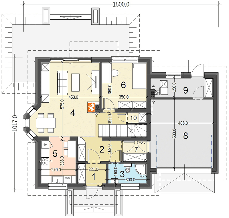 Rzut parteru projektu domu jednorodzinnego Baset 6 z garażem XL2 stanowiskowym