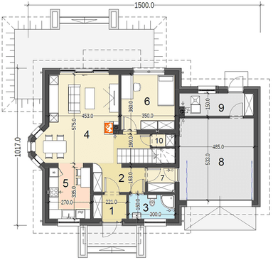 Rzut parteru projektu domu jednorodzinnego Baset 6 z garażem XL2 stanowiskowym