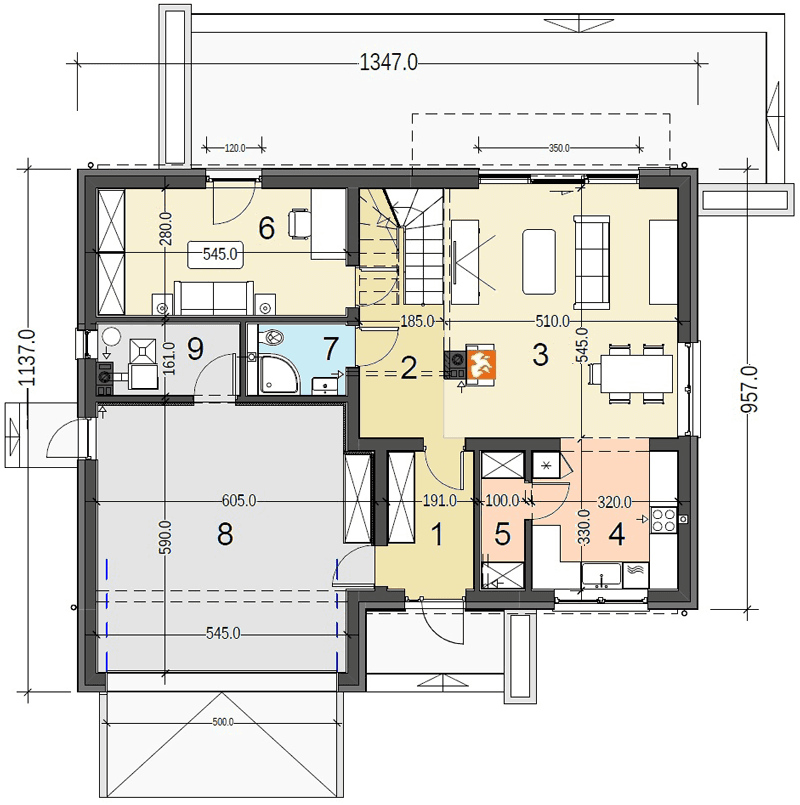 Rzut parteru domu jednorodzinnego Bocian 2 z garażem 2-stanowiskowym