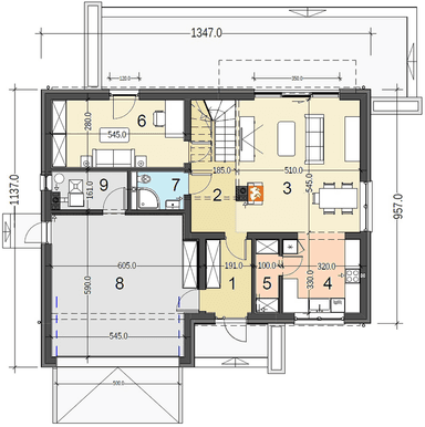 Rzut parteru domu jednorodzinnego Bocian 2 z garażem 2-stanowiskowym