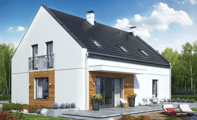 Widok na dom jednorodzinny Bocian 2 elewacja ogród