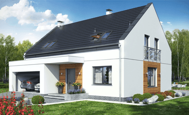 Widok na dom jednorodzinny Bocian 2 z garażem 2 stanowiskowym