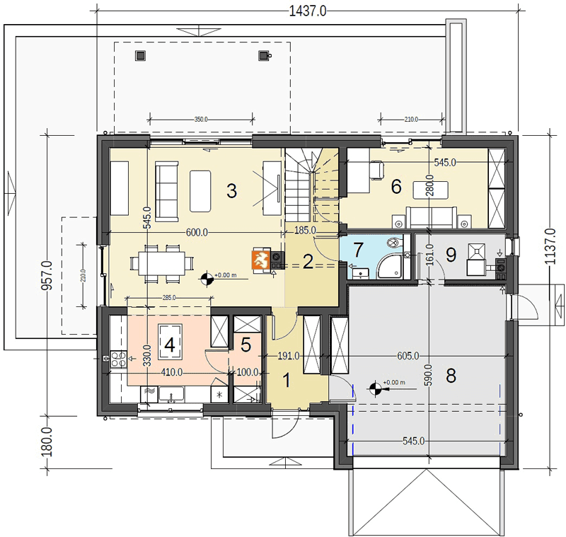Rzut parteru w projekcie domu Bocian 3 z garażem dwustanowiskym
