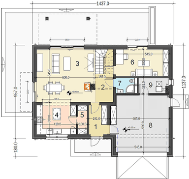 Rzut parteru w projekcie domu Bocian 3 z garażem dwustanowiskym