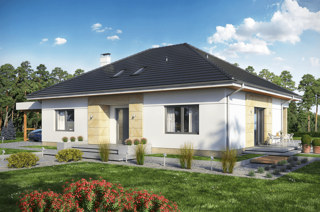 Projekt domu Heros 4 z wiatą i dachem wielospadowym