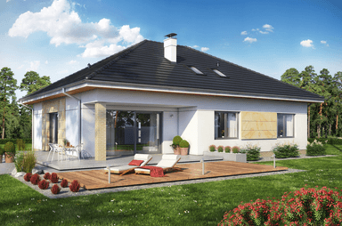 Dom Heros 4 z wiatą i dachem wielospadowym w kompaktowej bryle