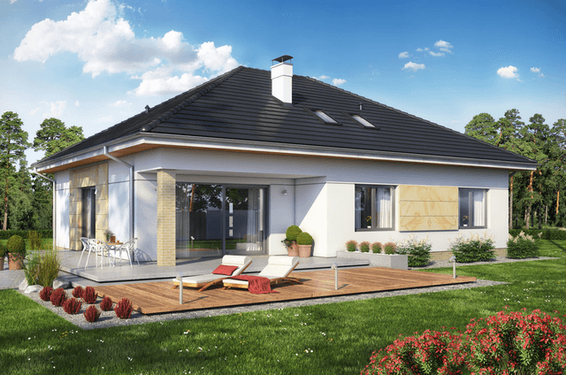 Dom Heros 4 z wiatą i dachem wielospadowym w kompaktowej bryle