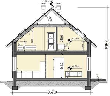 Przekrój projektu domu Pinczer 1 bez garażu