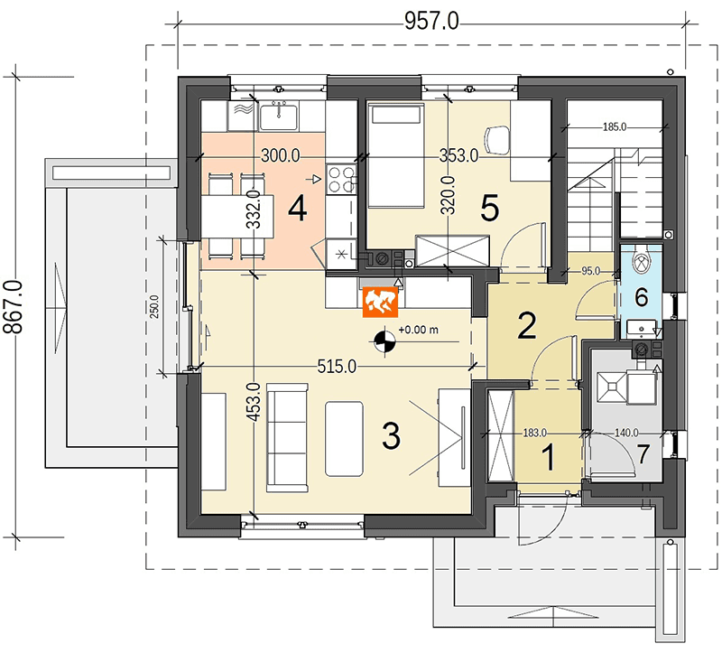 Rzut parteru projektu domu jednorodzinnego Pinczer 1 bez garażu