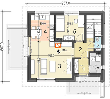 Rzut parteru projektu domu jednorodzinnego Pinczer 1 bez garażu