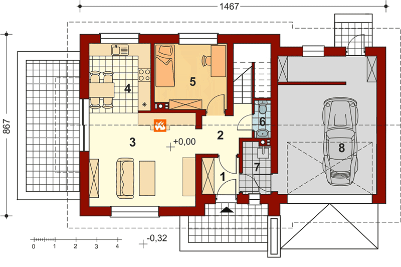 Rzut parteru projektu domu jednorodzinnego Pinczer 4 z garażem XL