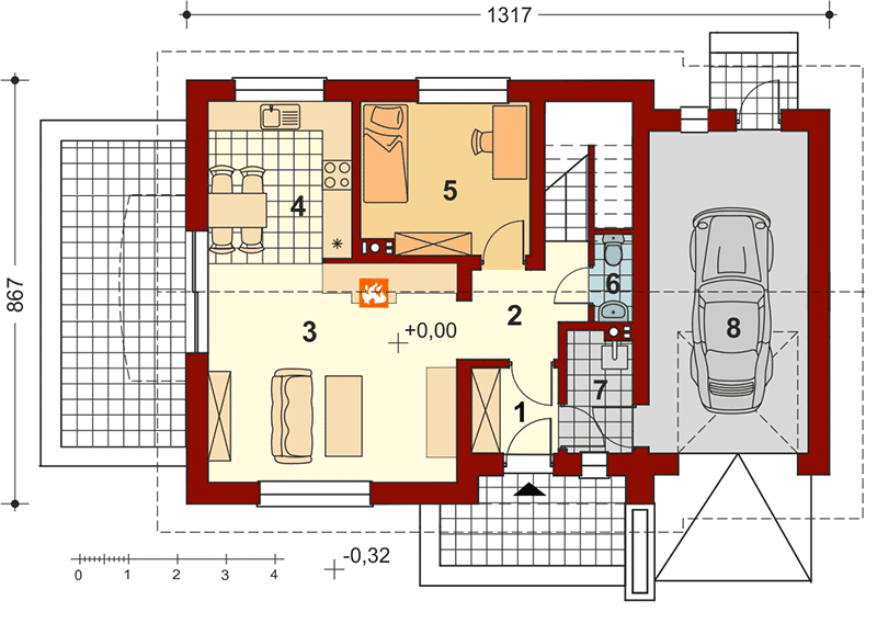 Rzut parteru projektu domu jednorodzinnego Pinczer 5 z garażem