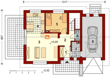 Rzut parteru projektu domu jednorodzinnego Pinczer 5 z garażem