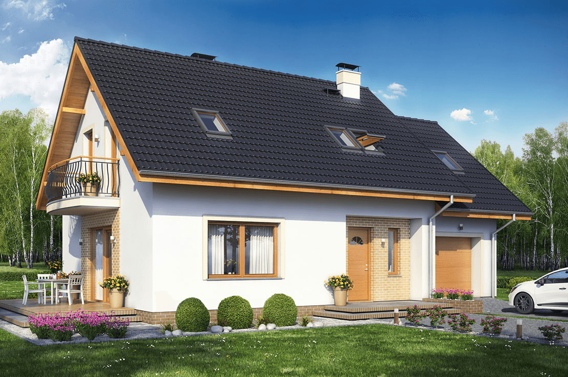 Widok na dom z poddaszem Pinczer 5 z garażem