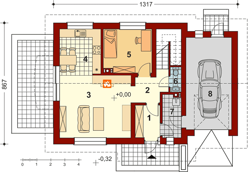 Rzut parteru projektu domu jednorodzinnego Pinczer 6 z garażem