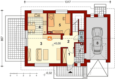 Rzut parteru projektu domu jednorodzinnego Pinczer 6 z garażem