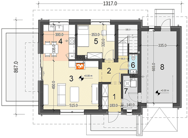 Rzut parteru projektu domu jednorodzinnego Pinczer 7 z garażem