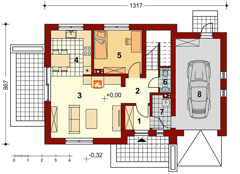 Rzut parteru projektu domu jednorodzinnego Pinczer 2 z garażem