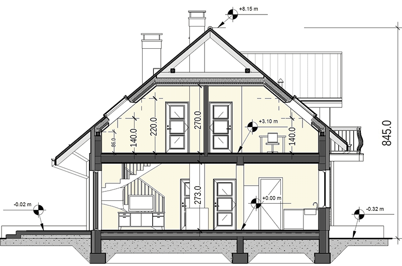 Przekrój projektu domu Sowa 10 z garażem