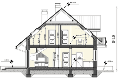 Przekrój projektu domu Sowa 10 z garażem