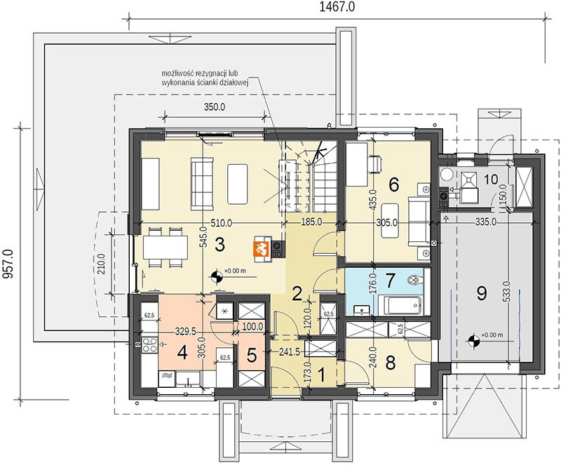 Rzut parteru domu jednorodzinnego Sowa 10 z garażem