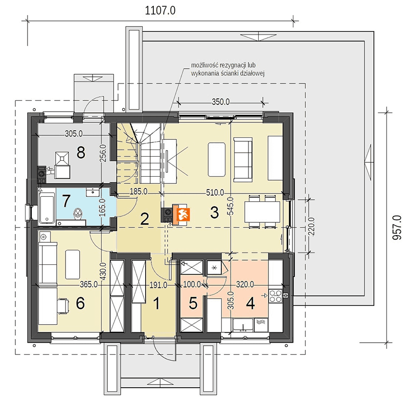 Rzut parteru projektu domu jednorodzinnego Sowa 11 bez garażu-lustro
