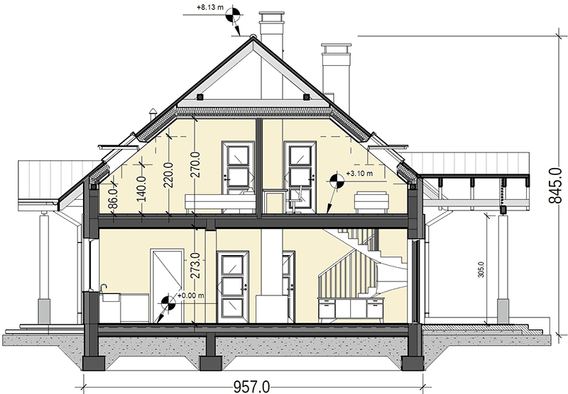 Przekrój projektu domu Sowa 12 z garażem