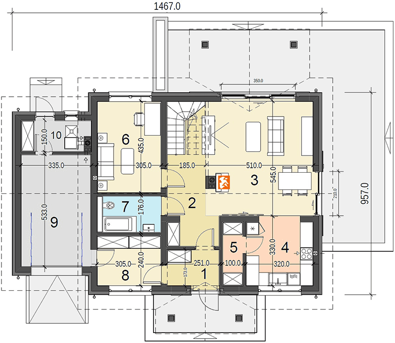 Rzut parteru projektu domu jednorodzinnego Sowa 12 z garażem