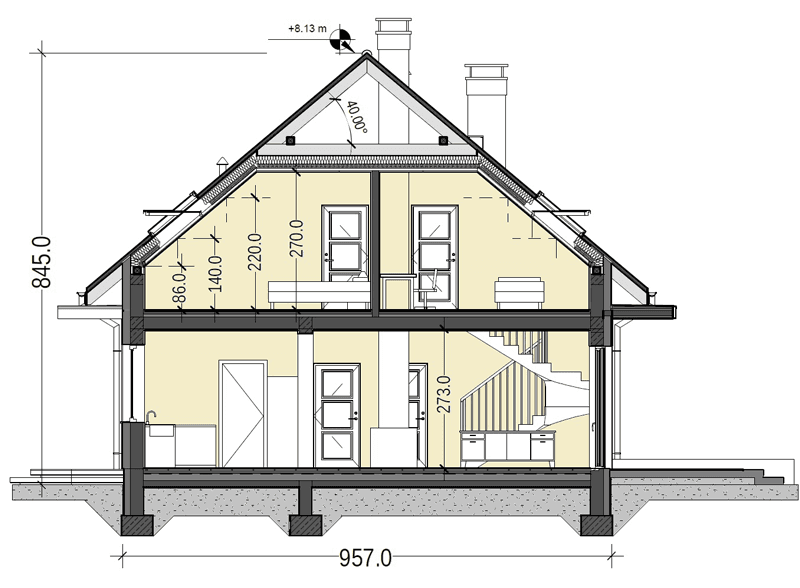 Przekrój projektu domu Sowa 14 z garażem