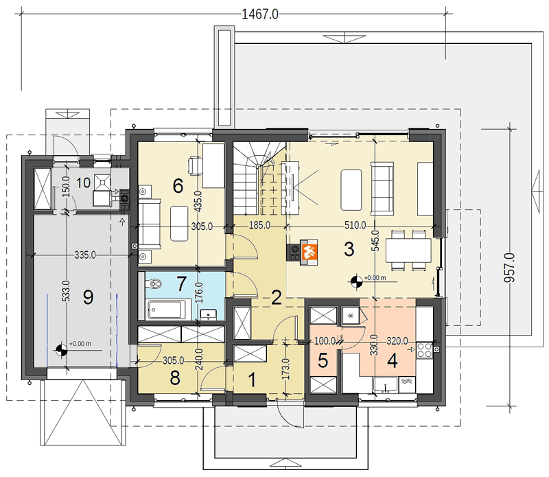 Rzut parteru projektu domu jednorodzinnego Sowa 14 z garażem